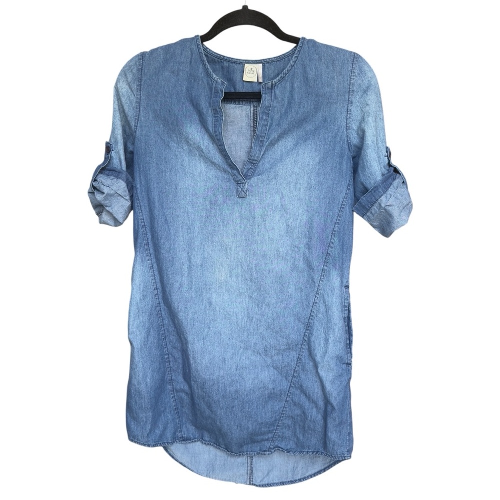Paper Crane Chambray Denim Tunic Top Roll Tab Sleeve Split Neck‎ Blue Size S
